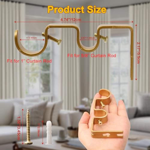 Double Curtain Rod Bracket 6 Pack Metal Curtain Rod Holders for Wall Sturdy Curtain Bracket for 1 Inch Curtain Rod Gold Wall Mounted Curtain Rod Hooks for Bedroom Living Room Patio
