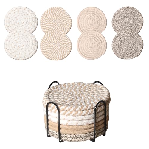 Drink Coasters Set of 8 with Holder – Cotton Woven Absorbent Coasters, 4 Colors for Coffee, Beer, Drinks & Tabletop Protection