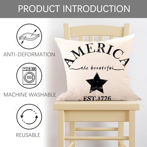 July 4th Farmhouse Decorative Throw Pillow Cover America Est. 1776 Patriotic Sign Decoration Rustic Home Decor Cotton Linen Cushion Case for Sofa Couch, 18" x 18"