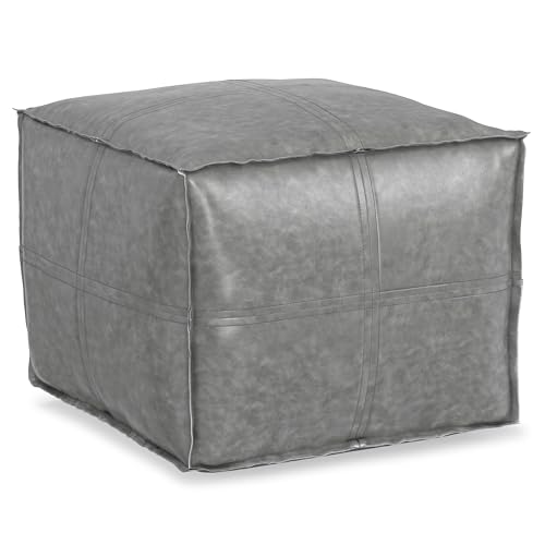 SIMPLIHOME Brody 18" Wide Square Pouf in Distressed Grey Vegan Leather