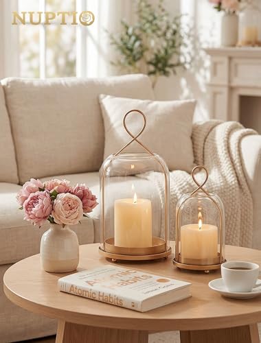 NUPTIO Glass Lanterns Decorative Outdoor, Gold Hurricane Candle Holders