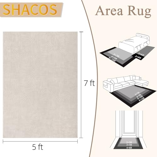 SHACOS Soft Cozy Fluffy Arch Pattern High Low Pile Area Rugs 5'x7' Non Slip Washable Scandinavian Minimalist Rug Modern Geometric Arc Carpet for Living Room Bedroom Dining Room, Beige