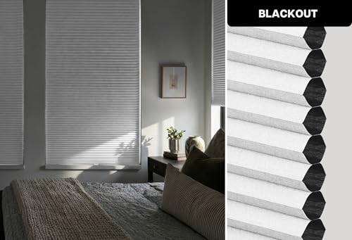 LazBlinds Cordless Cellular Shades, No Tools No Drill Blackout Honeycomb Shades Pleated Blinds for Windows, 35'' W x 48'' H, Silver White