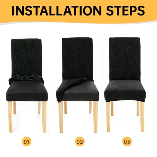 Waterproof Dining Chair Covers Set of 6, Stretch Parson Chair Slipcovers for Kitchen/Dining Room, Seat Covers for Chairs with Anti-Slip, Ideal for Party & Daily Use, Leaves-Black