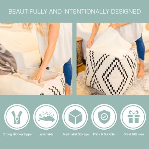 Unstuffed Boho Pouf Ottoman Cover – Modern Bohemian Living Room Decor, Kids, Nursery, Dorm Room – Minimalist Storage Solution, Foot Rest – Hand-Tufted Square Neutral Removable