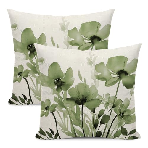 Spring Floral Pillow Covers 18x18 Inches Set of 2,Sage Green Floral Throw Pillow Covers Outdoor Summer Flower Decoration Pillowcase Farmhouse Decorative Square Linen Cushion Cover For Home Sofa