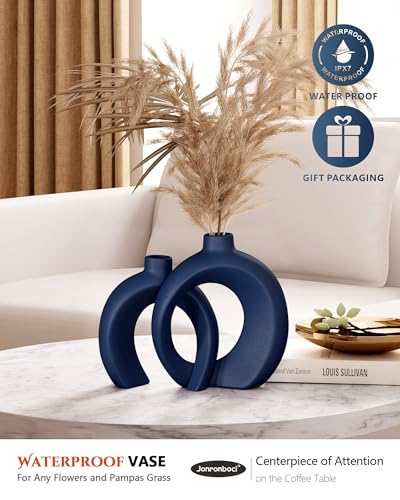 Blue Vase Set of 2 - Donut Navy Vases Home Decor, Modern Coastal Decor - Decorative Vase, Ceramic Decorations for Living Room Coffee Table Bookshelf Shelf Console Mantle (Matte Navy Blue)