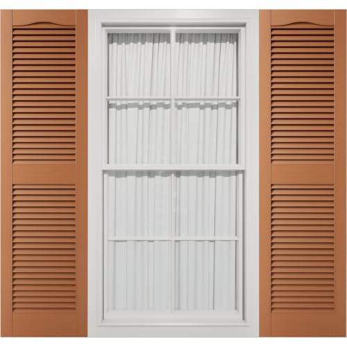 14 1/2"W x 42"H Mid-America Vinyl, TailorMade Cathedral Top Center Mullion, Open Louver Shutters, w/Installation Shutter-Lok's (Per Pair), 471 - Treated Cedar