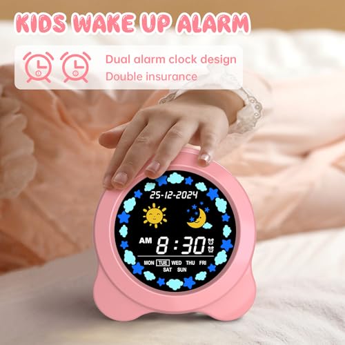 Kids Alarm Clock, Sun & Moon LED Display with Day & Date, Children's Sleep Trainer with Night Light & Sleep Sounds, Cute Wake Up Clock for Kids Bedroom, Easy to Use Birthday Gift for Boy and Girls