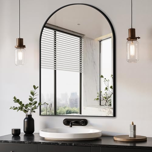 Delma Arched Bathroom Mirror, 24"x36" Wall Mounted Vanity Mirror for Bedroom, Living Room and Entryway, Black