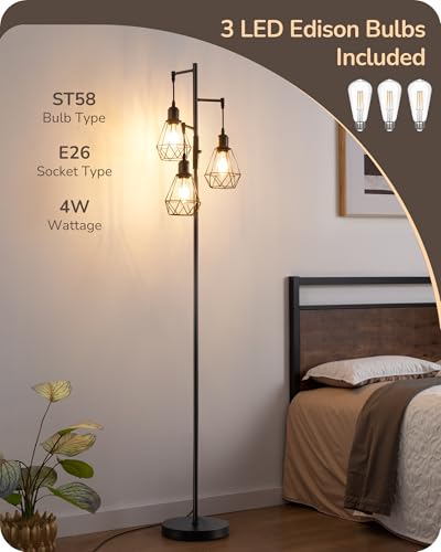 EDISHINE 70IN Farmhouse Floor Lamps for Living Room, Dimmable Industrial Tall Standing Lamps 3 LED Edison Bulbs Included, Diamond-Shaped Cage, Rustic Tree Corner Light for Bedroom, Office, Black