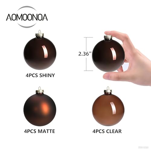 AOMOONOA Brown Glass Christmas Ball Ornaments for Tree, 2.36” Christmas Hanging Ornaments Set of 12 Xmas Baubles for Holiday Party Xmas Tree Decorations Gifts