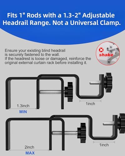 Over-Blinds Curtain Rod Brackets for Outside-Mounted Blinds, Blinds Curtain Rod Brackets for 1.3–2” Rectangular Headrails, Tool-Free No-Drill Installation for Apartments, Rentals Set of 2 (Black)