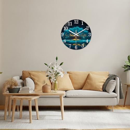 XNM Modern Decorative Glass Wall Clocks Battery Operated 12 Inch Teal Tree of Life Wall Clocks for Living Room Kitchen Bedroom Office Decor Natural Landscape Analog Wall Clock Silent