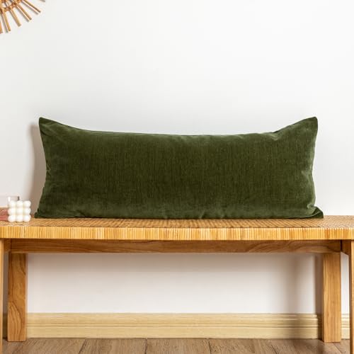 JoraLion Chenille Lumbar Pillow Covers 14x36 inch, Moss Green Spring Decorative Pillow Covers, Farmhouse Solid Dyed Soft Chenille Cushion Case for Couch Sofa Bed Living Room, Pack of 1(Cover ONLY)