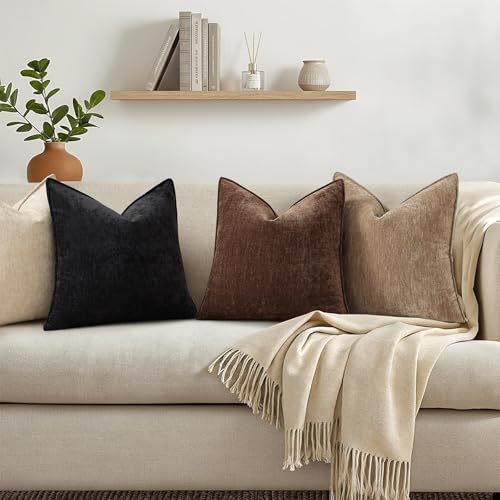 decorUhome Chenille Dark Brown Velvet Throw Pillow Covers 18x18 Set of 2