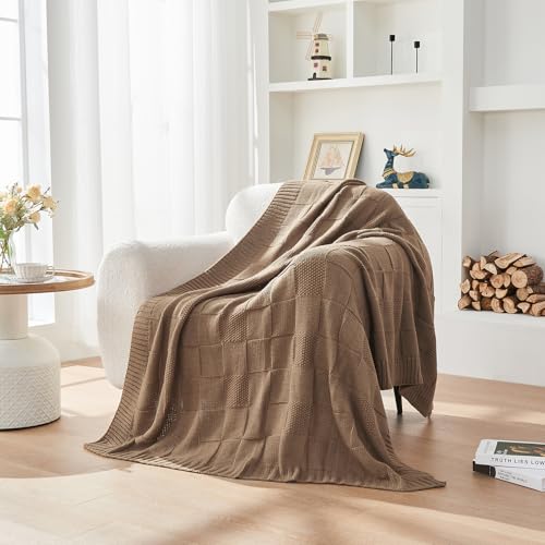 CozeCube Check Knit Throw Blanket, Light Brown Checkered Throw for Couch, Decorative Christmas Soft Cozy Warm Knitted Blanket for Bed Sofa Living Room, 50"X60"