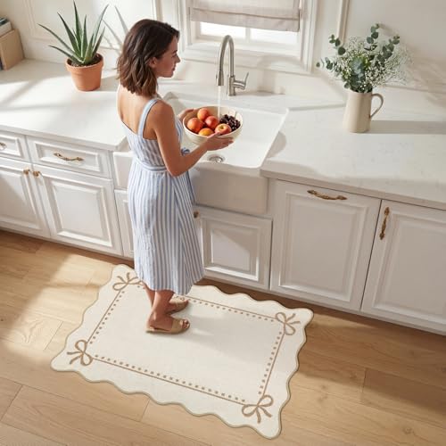 Garvee Scalloped Bow Rug Washable 2x3 Area Rug for Entryway Non-Slip Beige
