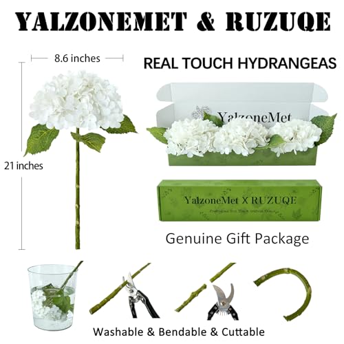 YalzoneMet 3 PCS White Hydrangea Artificial Flowers 21 inchs Real Touch Faux Hydrangea Flowers for Wedding Tables Centerpieces Fake Flowers for Party Home Kitchen Decor