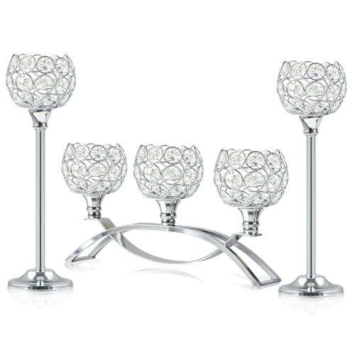 Crystal Tealight Candle Holder Centerpiece Home Decorative Candlestick Holder Elegant Table Centerpiece Home Decor Wedding Party Anniversary (Silver, Set of 3)