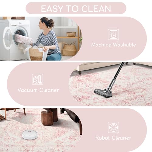 Sofrug 5x7 Washable Pink Area Rug, Upgraded Denser Surface Vintage Rugs, Honeycomb Non-Slip Backing Living Room Rug, Easy Care Foldable Rugs for Living Room Bedroom Kitchen Dinning Room Home Office