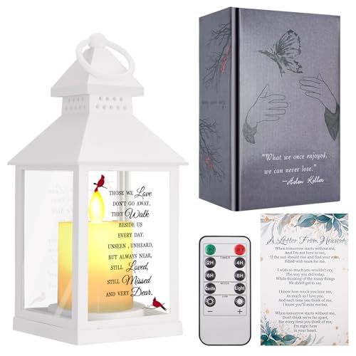 Sympathy Gifts for Loss of Loved One, Memorial Gift Lantern with Card, Bereavement Gift Candle Lights, Memory Lamp with Remote for Funeral Remembrance or Condolences (White)