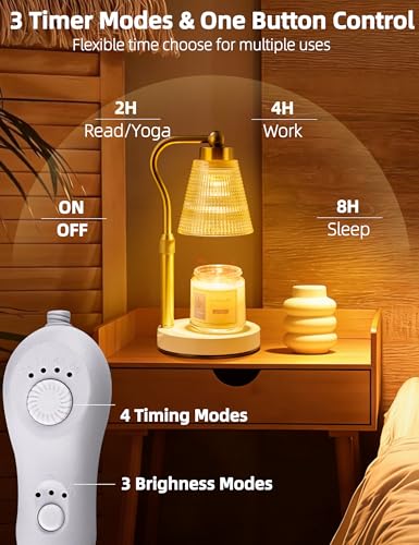 Candle Warmer Lamp for Jar Candles, Height Adjustable & Dimmable with 2/4/8H Timer, 2*50W Halogen Wax Melter Warmer for Home Office Décor, Flameless & Smokeless, Gift for Women Mom,Gold- Amber/1 Pack