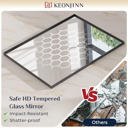Keonjinn Black Bathroom Mirror 22 x 30 Inch, Brushed Black Framed Mirror for Over Sink, Rectangle Wall Vanity Mirrors with Square Corner, Alumium Frame, Modern Farmhouse Style