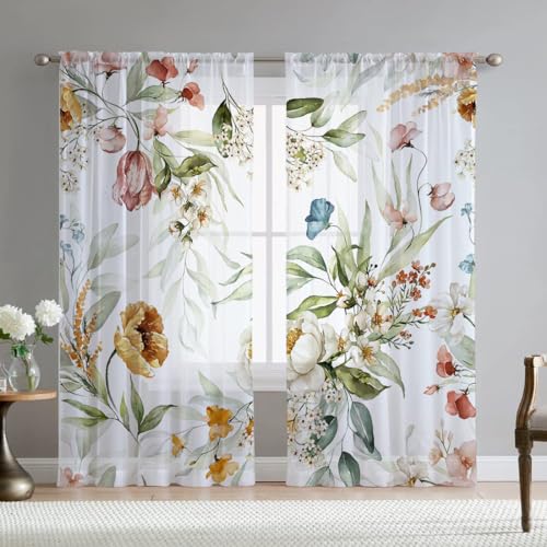 Floral Sheer Curtains for Living Room 84 inch Length 2 Panels Set Elegant Yellow Flower Spring Printed Window Curtain Chiffon Drapes for Bedroom