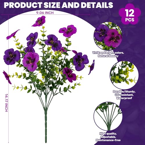12 Piece Outdoor Artificial Flowers Fake Pansies -Two-Tone Faux Flowers per Stem, UV Resistant for Indoor Outdoor Porch Garden Planters Patio Window Box Home Decor(Purplish Red)