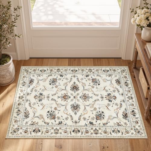 jinchan 2x3 Traditional Floral Entryway Rug, Washable Rug, Beige Slate