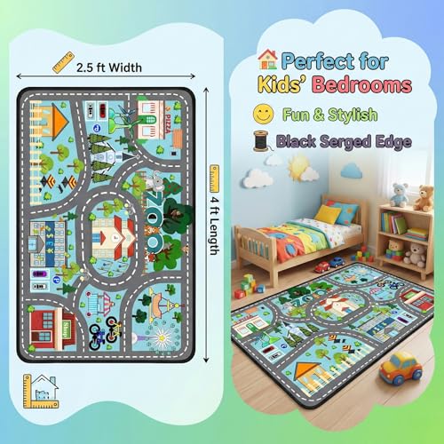 Car Rug Play Mat - Road Rug for Kids Boys Room, Fun Race Track Traffic Road Carpet for Boys Playmat Educational Learn, Car Carpet for Kids Room Decor Playmat Bedroom Playroom, 2.5x4 Feet