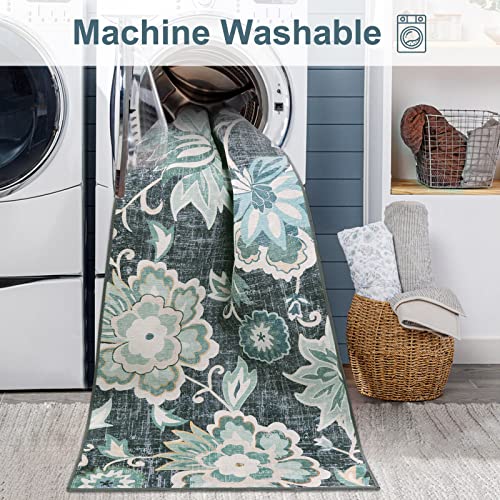 Floral Entry Rugs for Inside House,2x3 Non Slip Washable Kitchen Rug Front Door Mat, Ultra Thin Doormat Non-Shedding Throw Carpet for Bedroom Bathroom (Blue,2'x3')
