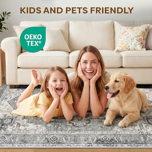 LIVELYGLOW 6x9 Retro Vintage Area Rug, Non-Slip Carpet, Gray Vintage