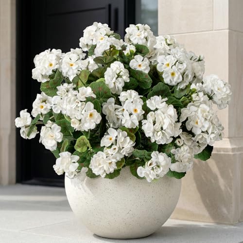 Artificial Flowers for Outdoors Artificial Geranium,Fake Flower White Geranium Artificial Plant Home Decor,Silk Geraniums Realistic Outdoor Flower Fake Plant Decoration 14.4" (White) 8PCS