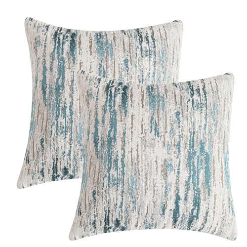 Chenille & Jacquard Pillow Covers 18x18 Inch Set of 2 - Textured Coastal Stripe Decor | Luxury Sofa Bed Cushion Covers in Seaside Beige & Teal Ombre (Oceanic Hues Collection)