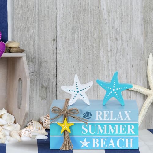 Beach Summer Table Decor, Starfish Wooden Stacked Books Sign for Ocean Tiered Tray Decorations, Coastal Nautical Shelf Table Centerpiece for Home, Room, Mantel, Tabletop, Farmhouse Gift