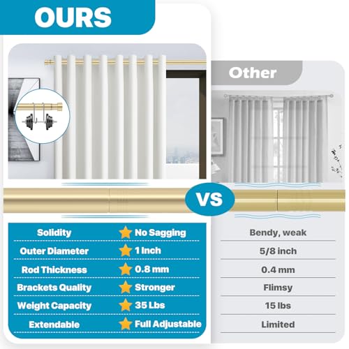 Gold Curtain Rods 180 inch, Extra Long Curtain Rod for Windows 120-180 inch, 1 inch Heavy Duty Drapery Rod for Outdoor Patio, Living Room, Bedroom, Modern Adjustable Curtain Pole 10-15ft
