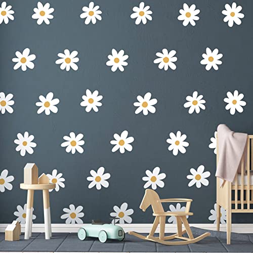 BBTO 6 Sheets Daisy Wall Decal Flower Removable Cute Daisy Bedroom Decor Flower Vinyl Wall Decals Stickers Floral Wallpaper Peel and Stick Nursery Art Bedroom Living Room(Simple Style,White)