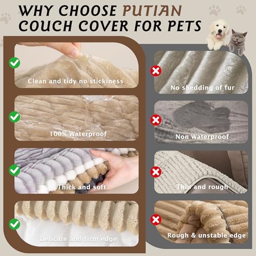 PuTian 100% Waterproof Fuzzy Couch Cover for Dogs Washable Non-Slip Couch Protector Pet Friendly Dog Mat for Couches and Sofas - 27.6''X27.6'' 70cmX70cm Khaki
