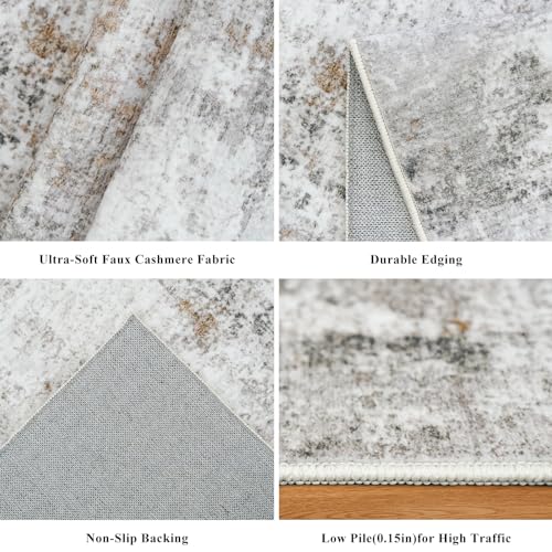 3x7 Washable Non-Slip Kitchen Runner Rug – Modern Abstract Neutral Beige & Gray Carpet for Hallway, Entryway, Bedroom, Laundry Room – Low-Pile Thin Wide Floor Runner with Rubber Backing