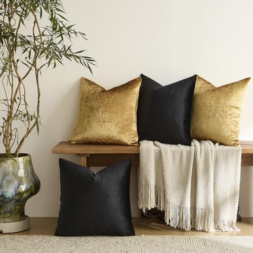 GIGIZAZA Decorative Throw Pillow Covers 18 x 18,Gold Black Soft, Set of 4 Square Velvet Cushion Covers