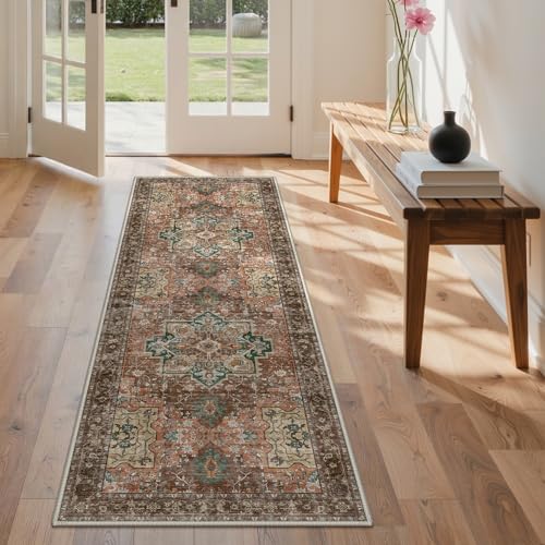 GENIMO 2.5x7 Non Slip Runner Rug, Washable Long Hallway Terracotta Sage