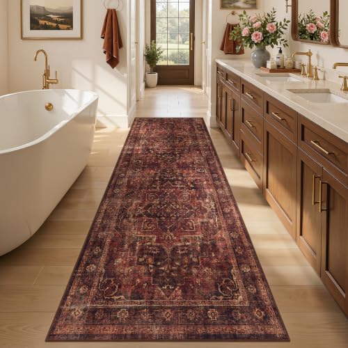 Washable Hallway Runner Rug 3'x7', Vintage Medallion, Dark Red