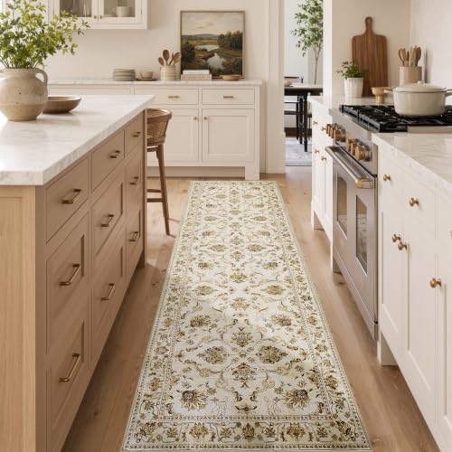 jinchan 3x8 Traditional Floral Rug, Washable Runner Rug, Oatmeal Rust
