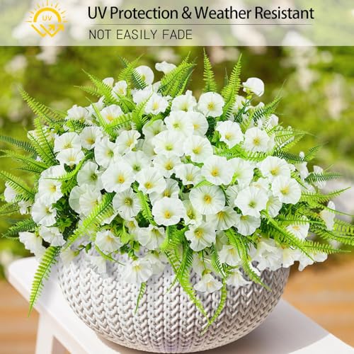 Artificial Flowers for Outdoors 12 Bundles White Artificial Petunias Fake Flowers UV Resistant Shrubs Plants with Fern for Indoor Outside Hanging Planters Home Garden Spring Summer Decorations