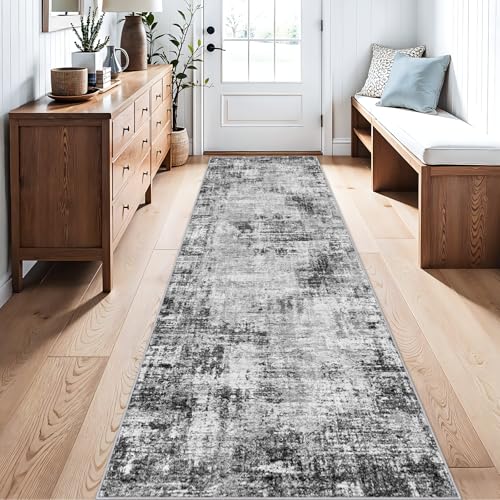 Modern Abstract 2x10ft Runner Rug: Washable Non Slip Kitchen Rugs Black