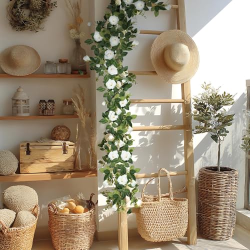 ZIFTY 5Pcs 32.5FT Flower Garland Artificial Rose Vine White Fake Silk Floral Hanging for Wedding Arch, Garden Tea Party Backdrop Room Decor and Home Decoration Outdoor Wall Decor