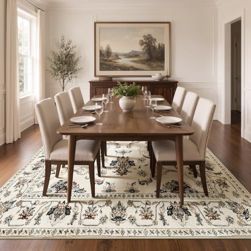 JINCHAN 8x10 Traditional Floral Area Rug, Large Washable Rug, Beige Slate