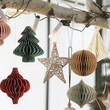 NICROLANDEE Christmas Party Decorations - 6 PCS 3D Mini Glitter Edge Paper Honeycomb Lantern Green, Red, Brown, Ivory, Gray Hanging Ornaments for Christmas Tree Décor, New Years Party, Home Decor